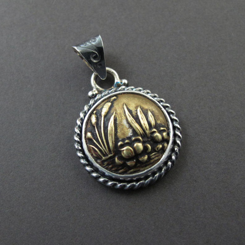 Victorian Brass Button Lotus Pendant, Upcycled Heirloom Jewelry, Mixed Metals Brass and Sterling Silver