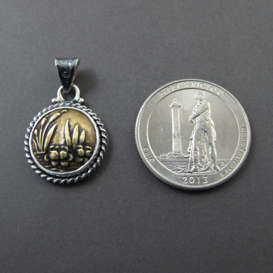 Victorian Brass Button Lotus Pendant, Upcycled Heirloom Jewelry, Mixed Metals Brass and Sterling Silver