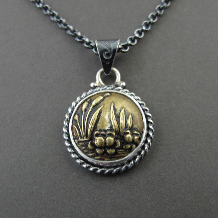 Victorian Brass Button Lotus Pendant, Upcycled Heirloom Jewelry, Mixed Metals Brass and Sterling Silver