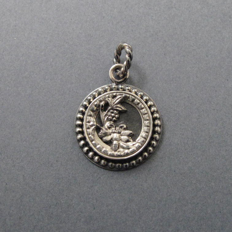 SECOND Flower and Dragonfly Antique Victorian Button, Sterling Silver Neoclassical Necklace, Upcycled floral Layering Charm Pendant
