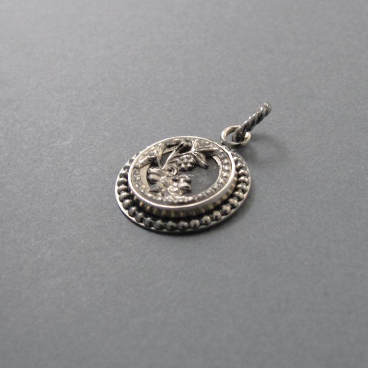 SECOND Flower and Dragonfly Antique Victorian Button, Sterling Silver Neoclassical Necklace, Upcycled floral Layering Charm Pendant
