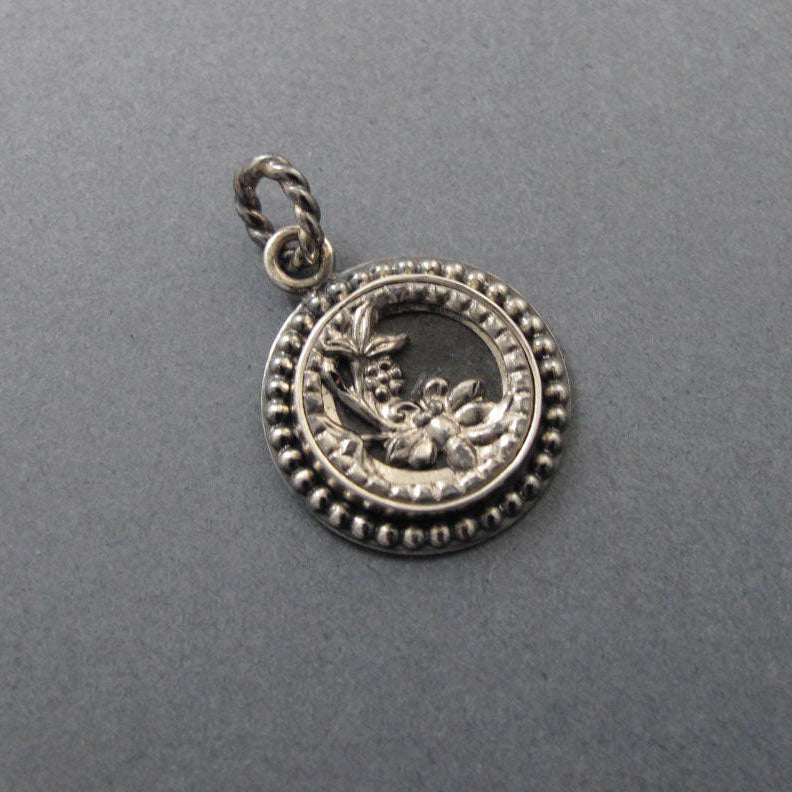 SECOND Flower and Dragonfly Antique Victorian Button, Sterling Silver Neoclassical Necklace, Upcycled floral Layering Charm Pendant