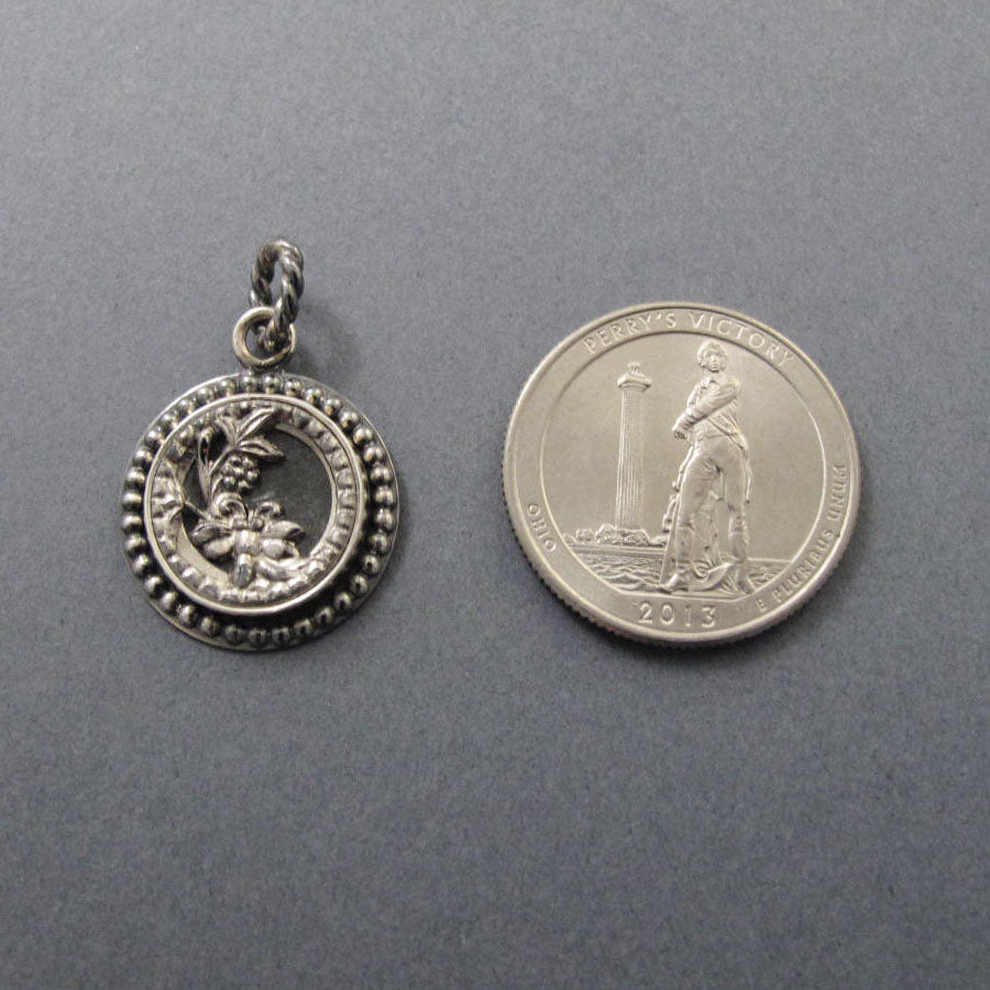 SECOND Flower and Dragonfly Antique Victorian Button, Sterling Silver Neoclassical Necklace, Upcycled floral Layering Charm Pendant