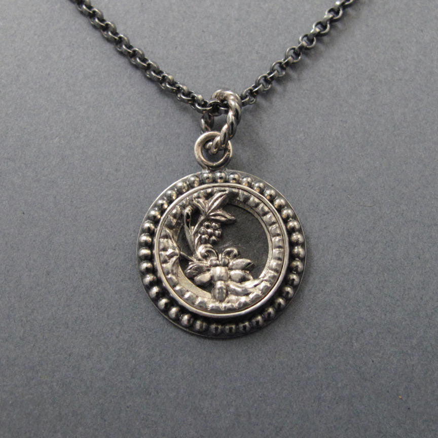 SECOND Flower and Dragonfly Antique Victorian Button, Sterling Silver Neoclassical Necklace, Upcycled floral Layering Charm Pendant