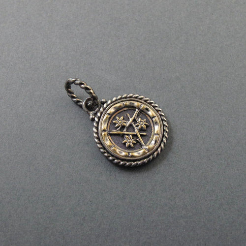Brass Antique Button Floral Necklace, Mixed Metals Sterling Silver Victorian Pendant, Daffodil Flower Design