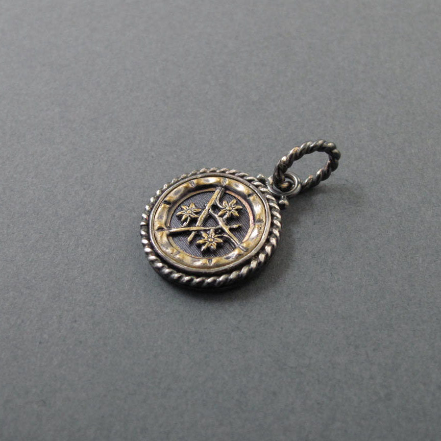 Brass Antique Button Floral Necklace, Mixed Metals Sterling Silver Victorian Pendant, Daffodil Flower Design