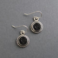 Black Glass Button Earrings, Sterling Silver, Victorian Glass, Rope Border, Dark Academia, Upcycled Jewelry