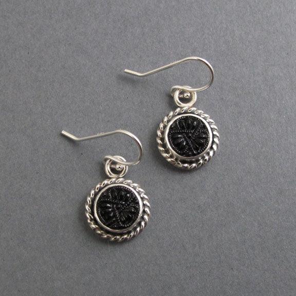 Black Glass Button Earrings, Sterling Silver, Victorian Glass, Rope Border, Dark Academia, Upcycled Jewelry