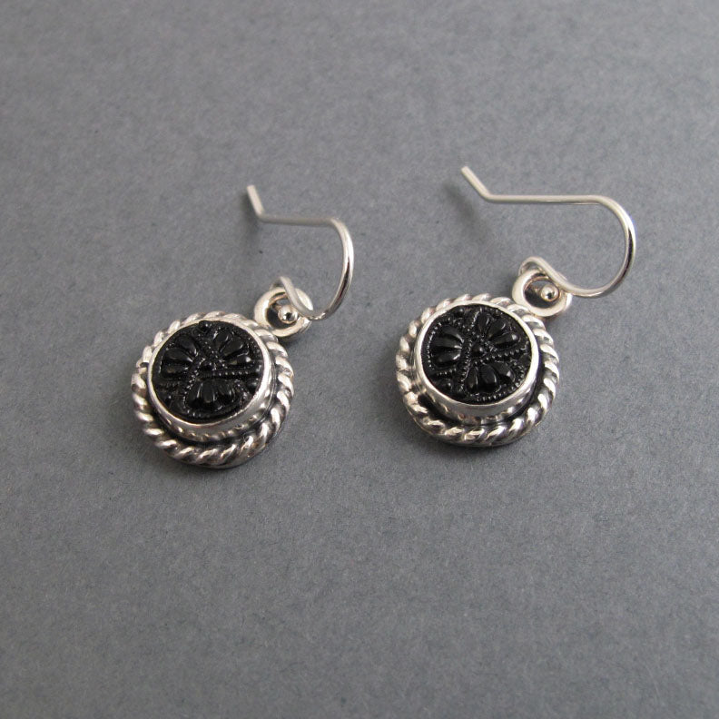 Black Glass Button Earrings, Sterling Silver, Victorian Glass, Rope Border, Dark Academia, Upcycled Jewelry