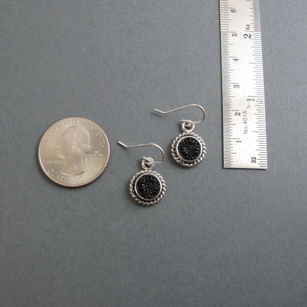 Black Glass Button Earrings, Sterling Silver, Victorian Glass, Rope Border, Dark Academia, Upcycled Jewelry