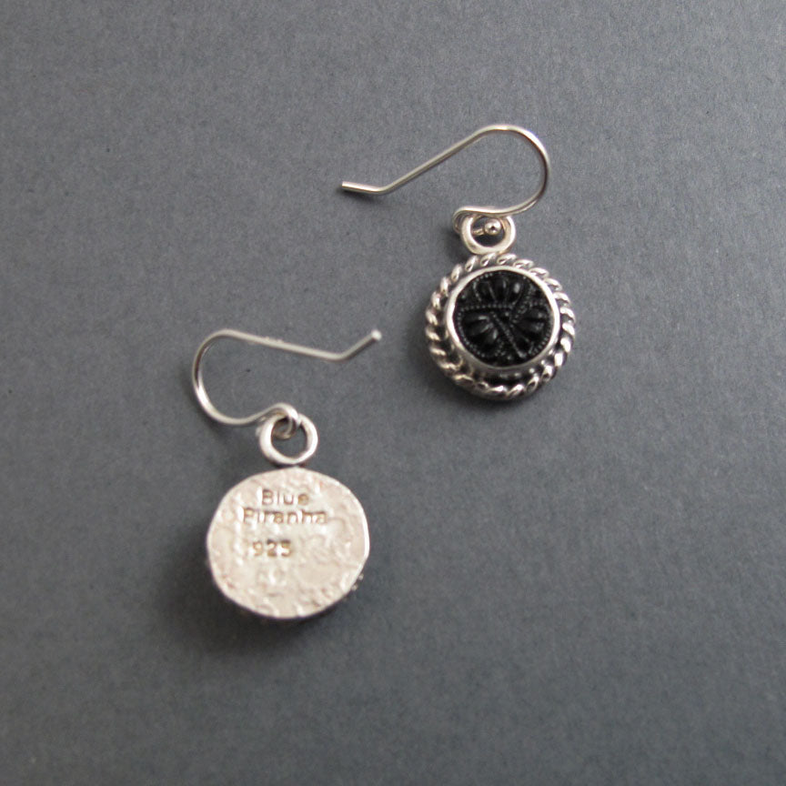 Black Glass Button Earrings, Sterling Silver, Victorian Glass, Rope Border, Dark Academia, Upcycled Jewelry