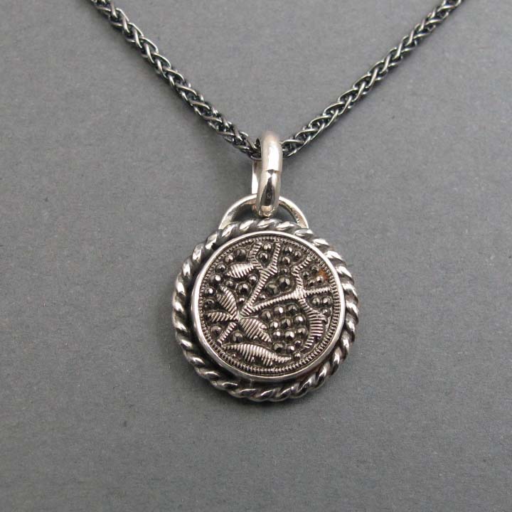 Sparkly Silver Victorian Button Necklace, Upcycled Antique Glass Heirloom, Sterling Pendant