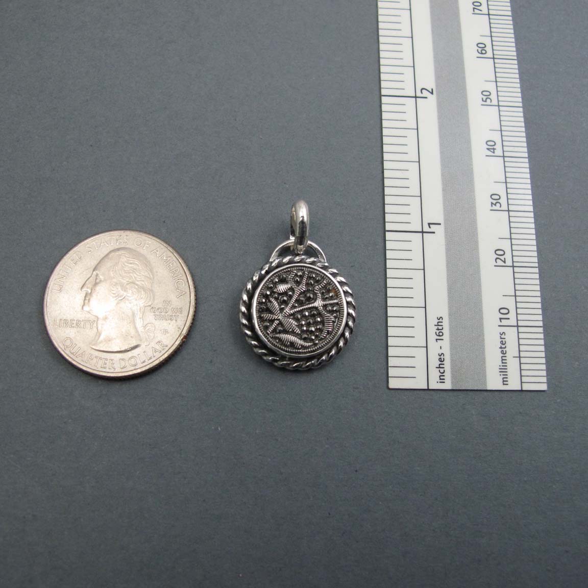 Silvered Glass Button Pendant, Victorian, Leaves and Branches, Sterling Silver, Dark Academia, Heirloom Jewelry