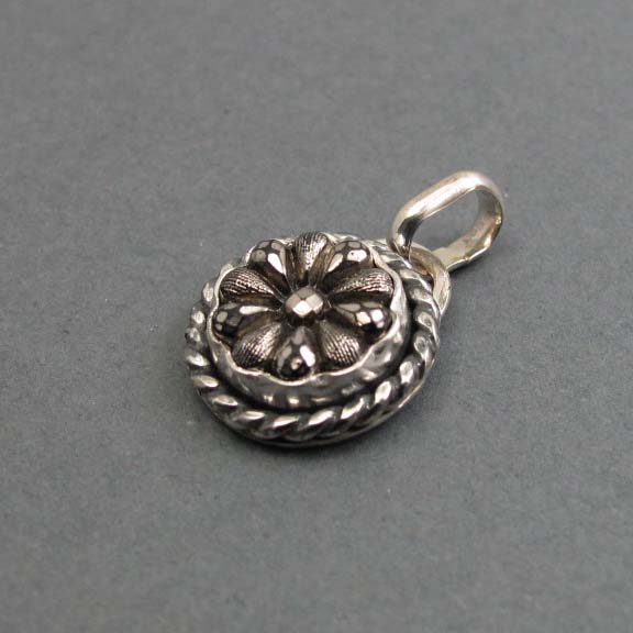 Small Silver Flower Glass Pendant, Upcycled Victorian Button Necklace, Antique Sparkly Floral Layering Charm