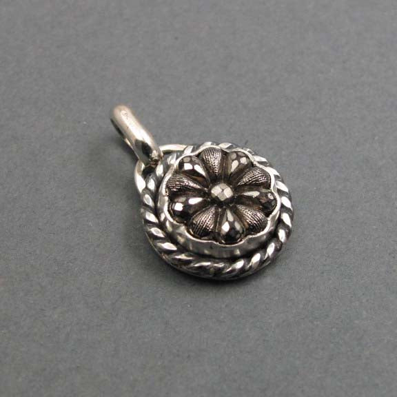 Small Silver Flower Glass Pendant, Upcycled Victorian Button Necklace, Antique Sparkly Floral Layering Charm