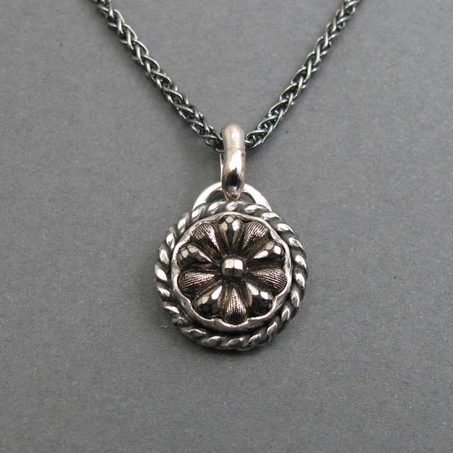 Small Silver Flower Glass Pendant, Upcycled Victorian Button Necklace, Antique Sparkly Floral Layering Charm