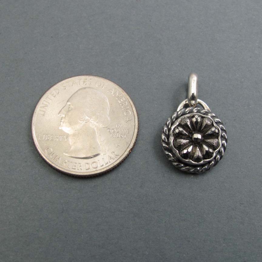 Small Silver Flower Glass Pendant, Upcycled Victorian Button Necklace, Antique Sparkly Floral Layering Charm