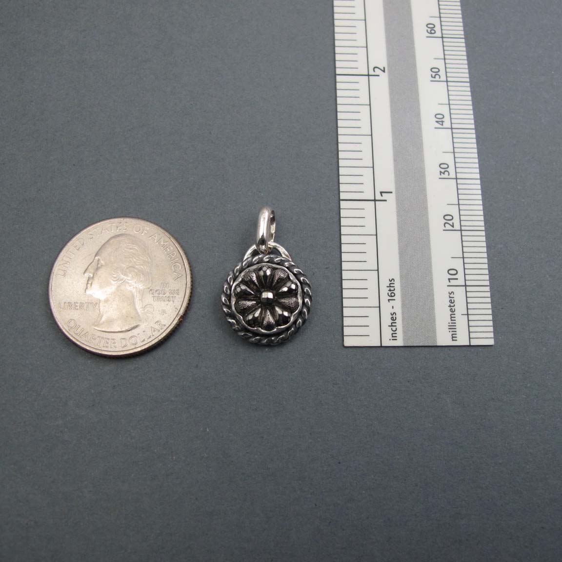Small Silver Flower Glass Pendant, Upcycled Victorian Button Necklace, Antique Sparkly Floral Layering Charm