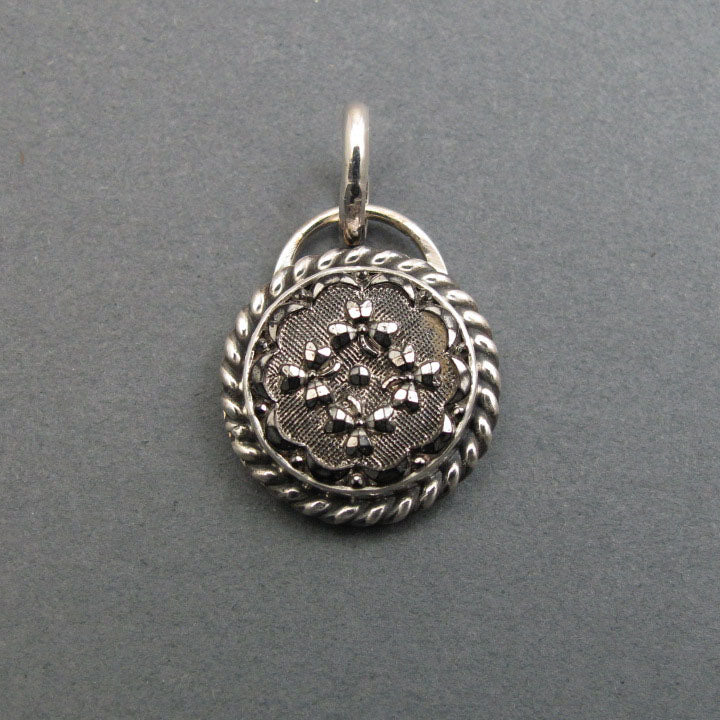 Sparkly Silver Button Pendant, Upcycled Victorian Glass Antique, Sterling Silver Repurposed Necklace