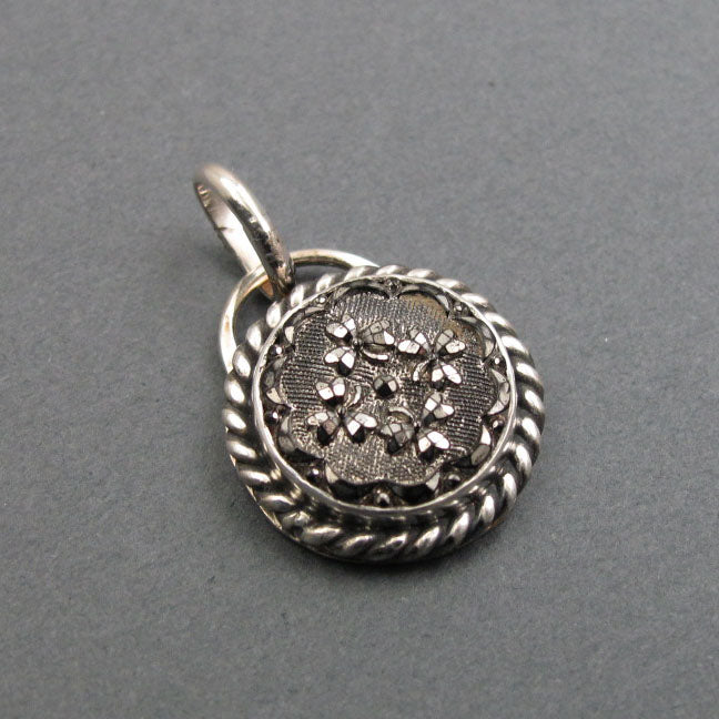 Sparkly Silver Button Pendant, Upcycled Victorian Glass Antique, Sterling Silver Repurposed Necklace