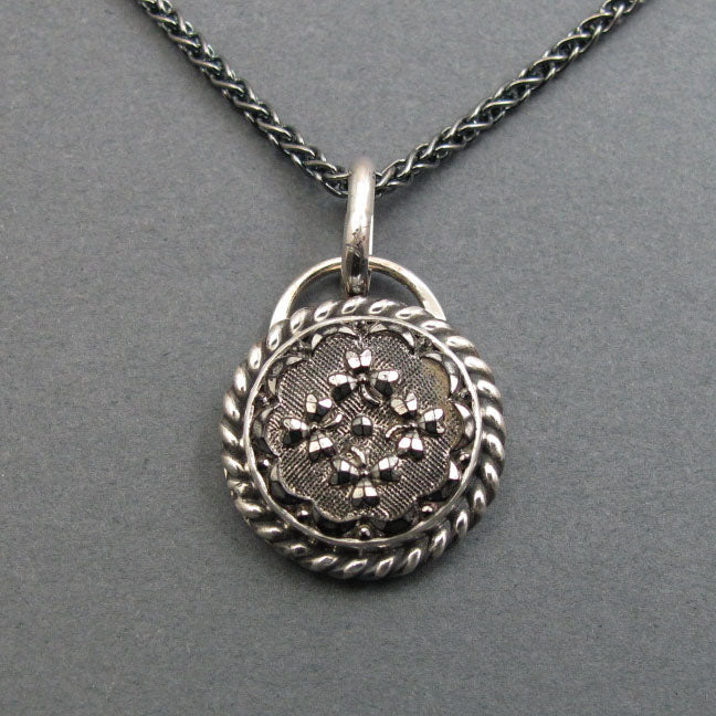 Sparkly Silver Button Pendant, Upcycled Victorian Glass Antique, Sterling Silver Repurposed Necklace