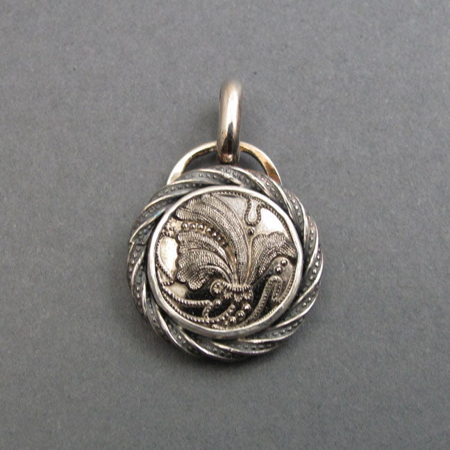 Swirly Floral Silver Luster Glass Pendant, Upcycled Repurposed Antique Victorian Button, Dramatic Shiny Necklace