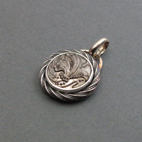 Swirly Floral Silver Luster Glass Pendant, Upcycled Repurposed Antique Victorian Button, Dramatic Shiny Necklace