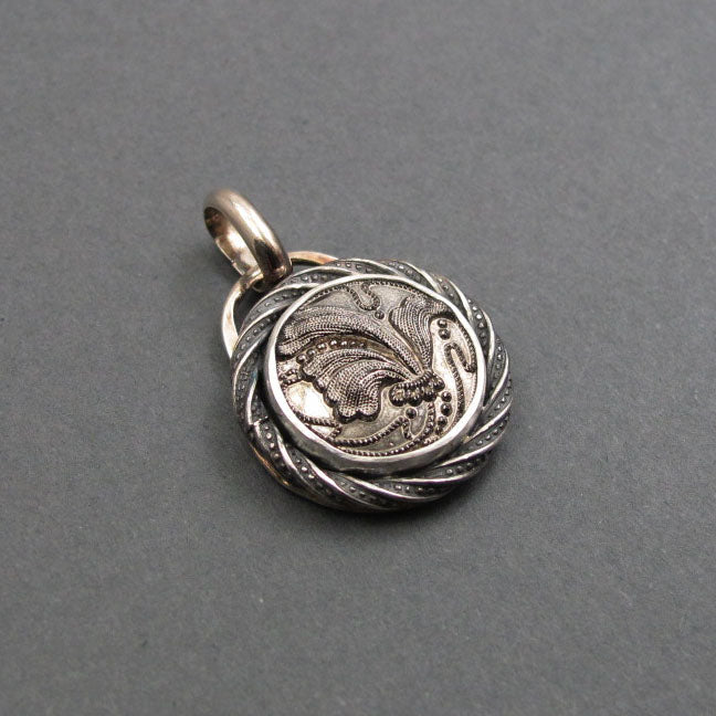Swirly Floral Silver Luster Glass Pendant, Upcycled Repurposed Antique Victorian Button, Dramatic Shiny Necklace
