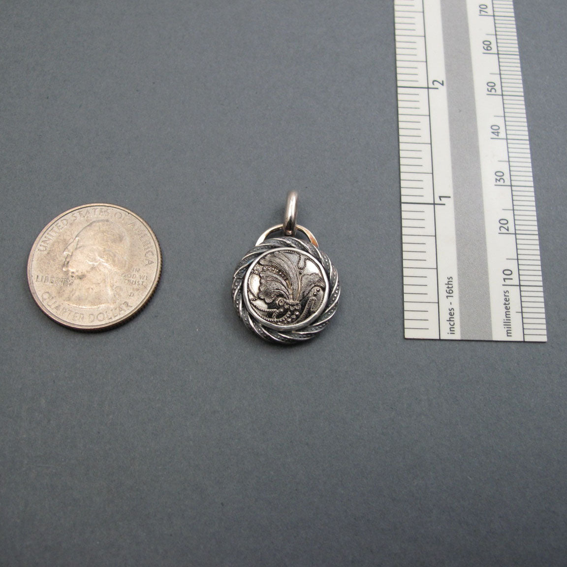 Swirly Floral Silver Luster Glass Pendant, Upcycled Repurposed Antique Victorian Button, Dramatic Shiny Necklace