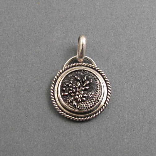 Floral Design Glass Necklace, Repurposed Victorian Button Sterling Silver Pendant, Flower Lover Jewelry Charm