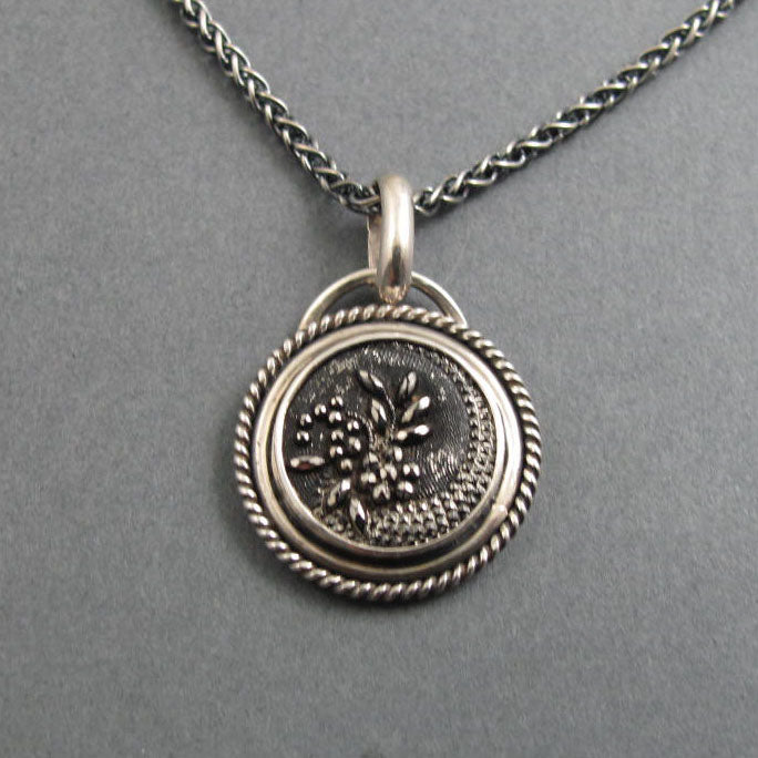 Floral Design Glass Necklace, Repurposed Victorian Button Sterling Silver Pendant, Flower Lover Jewelry Charm