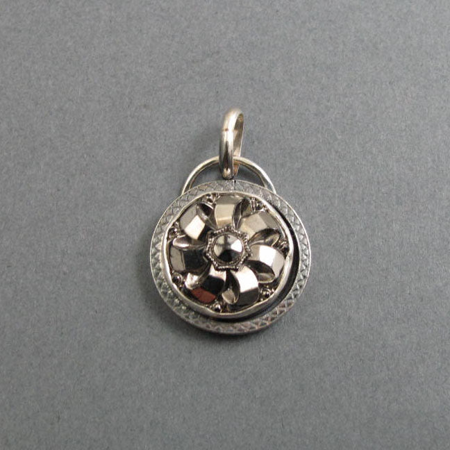 Shiny Antique Silver Ribbon Pendant, Upcycled Repurposed Victorian Glass Button, Sterling Silver Minimalist Necklace