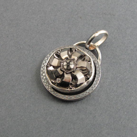 Shiny Antique Silver Ribbon Pendant, Upcycled Repurposed Victorian Glass Button, Sterling Silver Minimalist Necklace