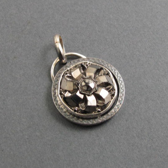 Shiny Antique Silver Ribbon Pendant, Upcycled Repurposed Victorian Glass Button, Sterling Silver Minimalist Necklace