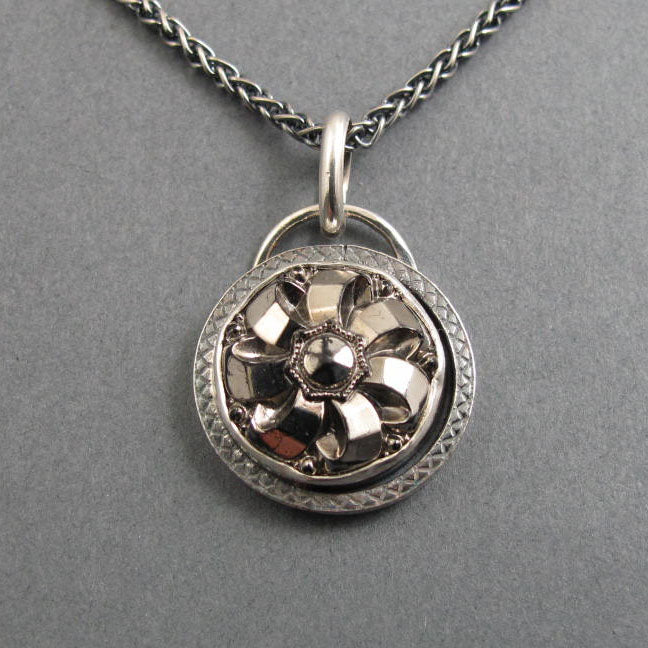 Shiny Antique Silver Ribbon Pendant, Upcycled Repurposed Victorian Glass Button, Sterling Silver Minimalist Necklace