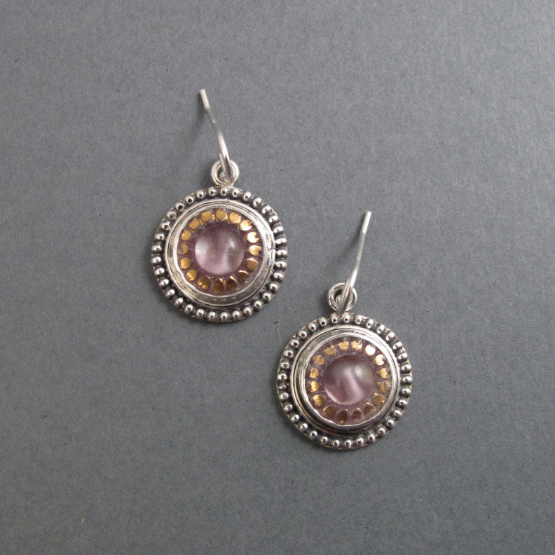 Moonglow Button Earrings, Sterling Silver, Czech Glass, Lavender, 1950s Vintage, Romantic Gift, Upcycled Jewelry