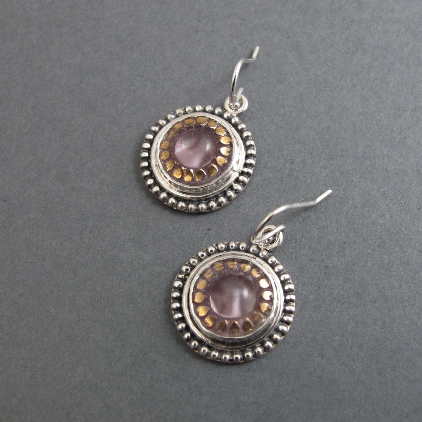 Moonglow Button Earrings, Sterling Silver, Czech Glass, Lavender, 1950s Vintage, Romantic Gift, Upcycled Jewelry
