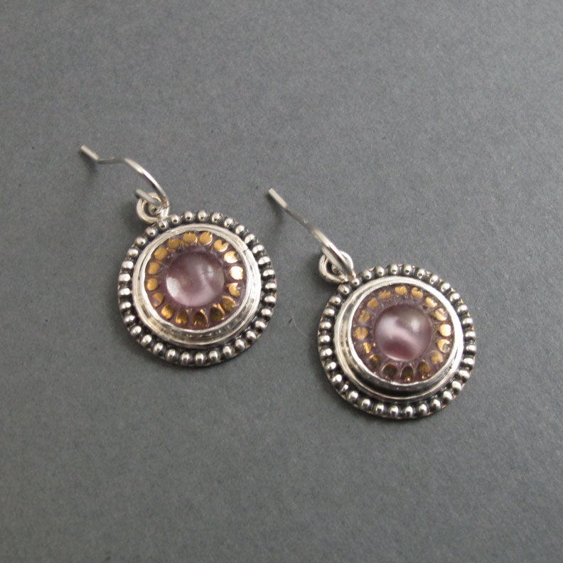 Moonglow Button Earrings, Sterling Silver, Czech Glass, Lavender, 1950s Vintage, Romantic Gift, Upcycled Jewelry