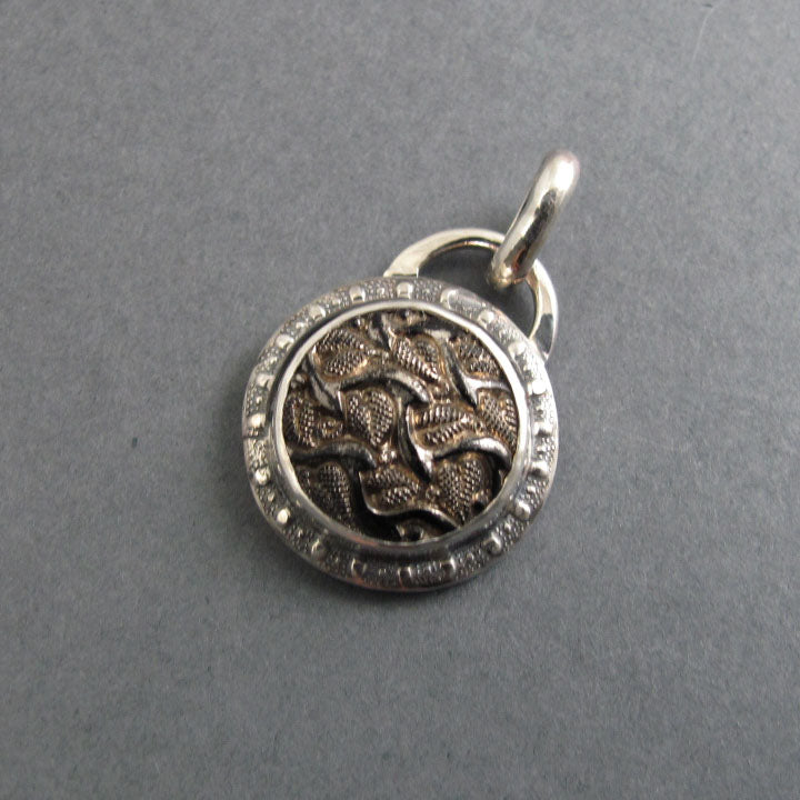 Glass Button Pendant, Sterling Silver, Victorian, Upcycled Jewelry, Wave Pattern, Dark Academia, Repurposed Necklace