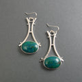 Green Oval Chrysocolla, Gem Cabochon, Drop Earrings, Sterling Silver, Handmade Statement Dangle Earrings