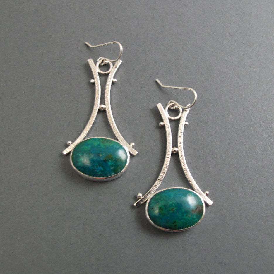 Green Oval Chrysocolla Gem Cabochon Drop Earrings, Sterling Silver Handmade Statement Dangle Earrings