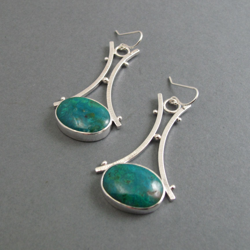 Green Oval Chrysocolla Gem Cabochon Drop Earrings, Sterling Silver Handmade Statement Dangle Earrings