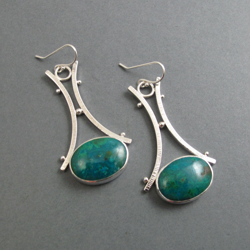 Green Oval Chrysocolla Gem Cabochon Drop Earrings, Sterling Silver Handmade Statement Dangle Earrings