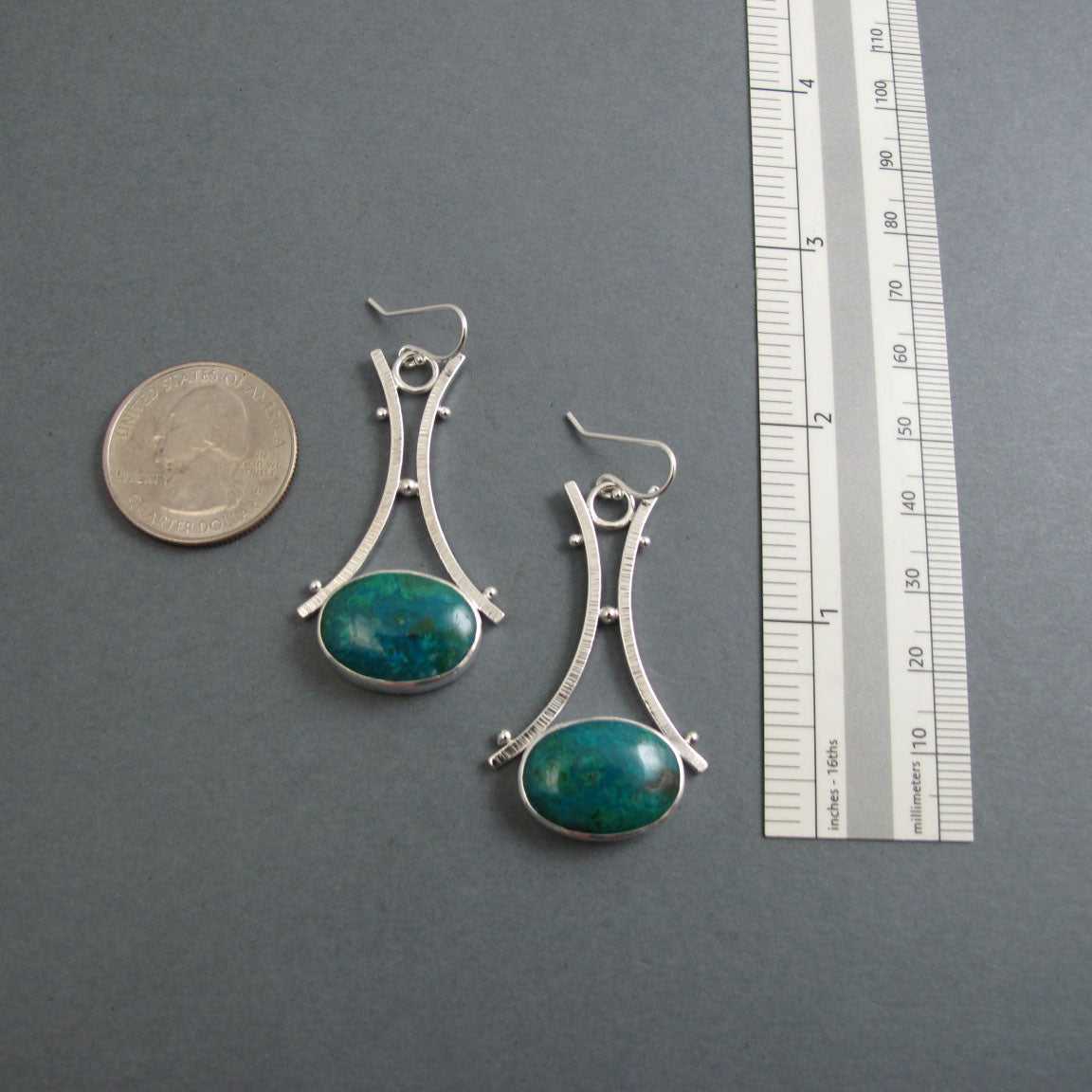 Green Oval Chrysocolla Gem Cabochon Drop Earrings, Sterling Silver Handmade Statement Dangle Earrings