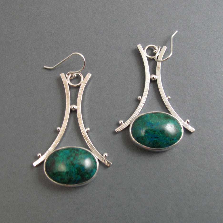 Chrysocolla Dangle Earrings, Sterling Silver, Natural Cabochon, A-Frame Design, Handmade Gemstone Jewelry