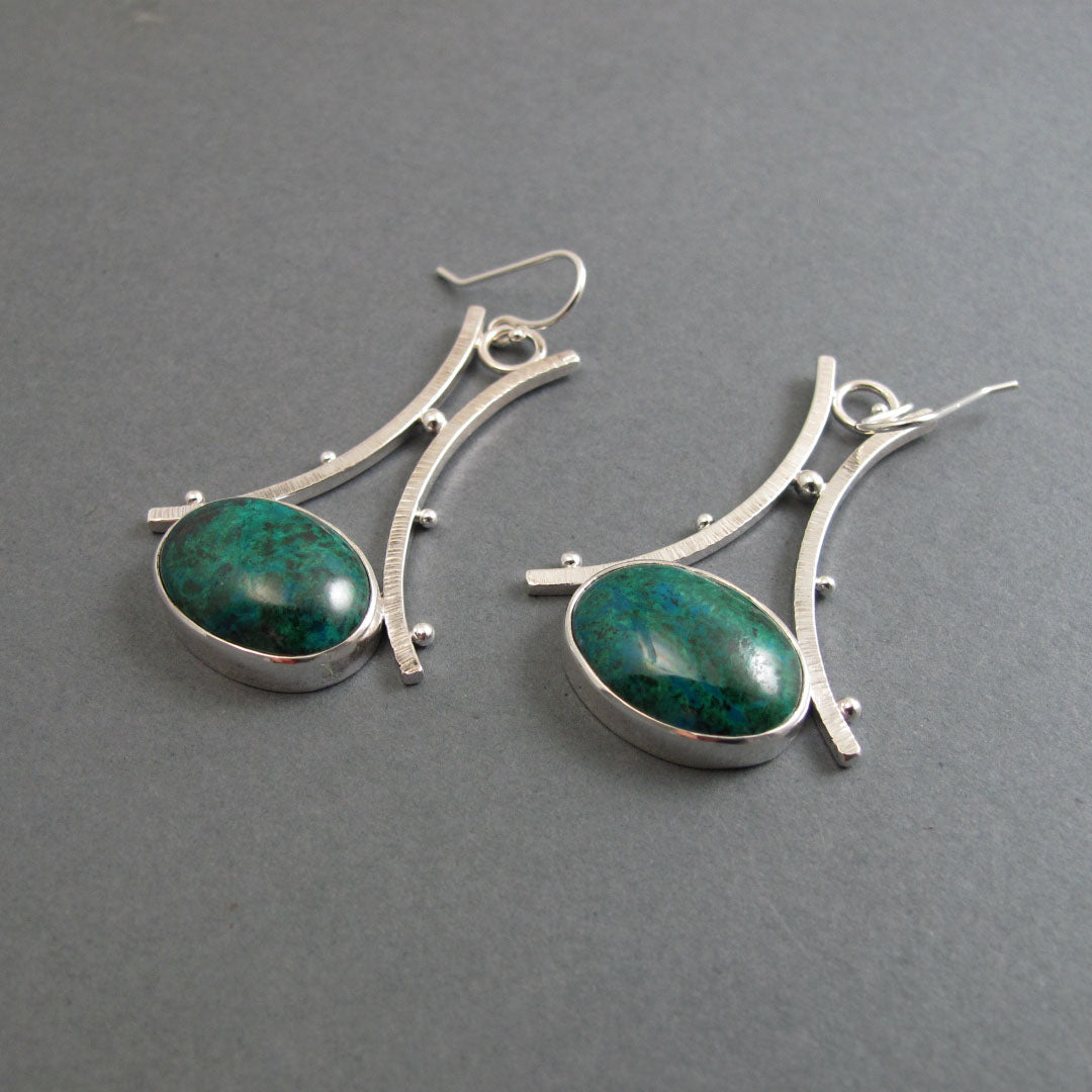 Chrysocolla Dangle Earrings, Sterling Silver, Natural Cabochon, A-Frame Design, Handmade Gemstone Jewelry
