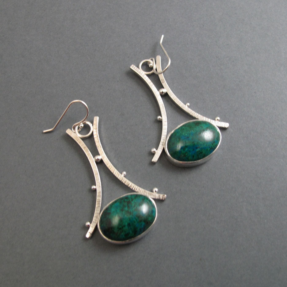 Chrysocolla Dangle Earrings, Sterling Silver, Natural Cabochon, A-Frame Design, Handmade Gemstone Jewelry