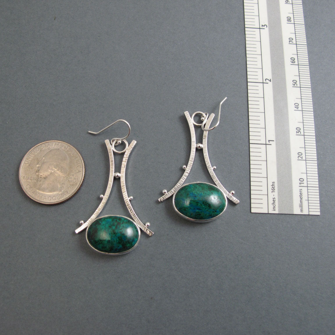 Chrysocolla Dangle Earrings, Sterling Silver, Natural Cabochon, A-Frame Design, Handmade Gemstone Jewelry