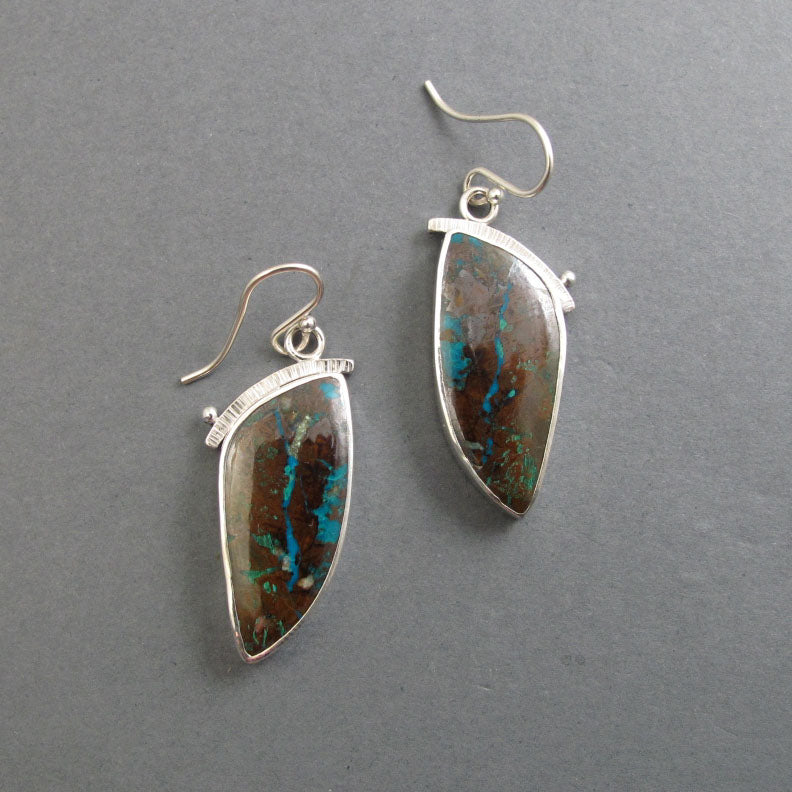 Boulder Chrysocolla Drop Earrings, Sterling Silver, Teal Gemstone Cabochon, Handmade Natural Gem