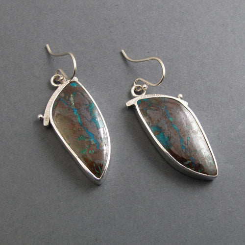 Boulder Chrysocolla Drop Earrings, Sterling Silver, Teal Gemstone Cabochon, Handmade Natural Gem